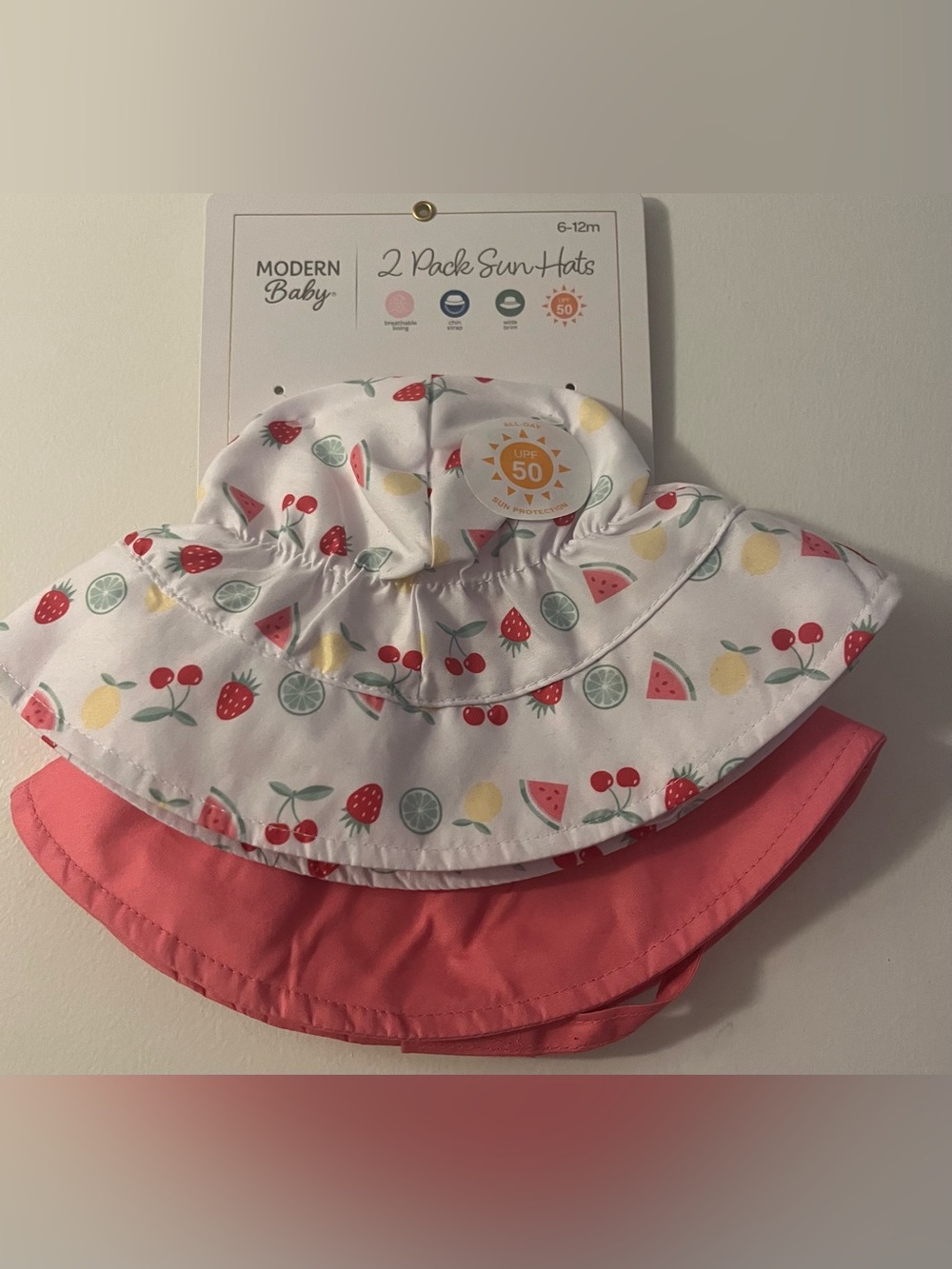 Modern Baby 2 Pack Sun Hats Breathable Lining Chin Strap Wide Brim 6-12 Mo UPF50